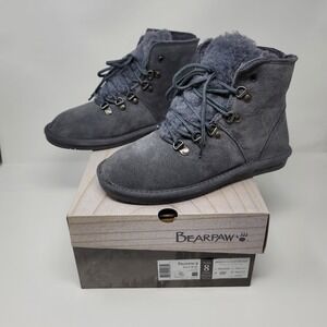 Bearpaw Kerri Suede LaceUp Ankle Snow Boots Booties Sz 8W Charcoal Gray Neverwet